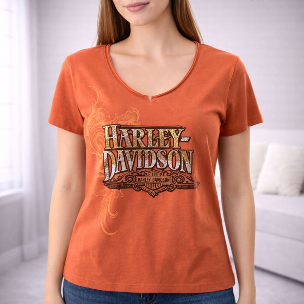 North Carolina Harley Davidson Short Sleeve T-Shirt Orange Sequins L